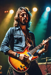Obraz premium a rock band singer from the early 1970´s during a concert on stage. generative ai