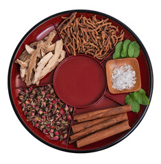 Chinese herbal medicines are believed to help relax and help with sleep, such as:polygala tenuifolia willd, acorus calamus roots and other herbs on transparent.