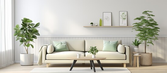 Scandinavian living room decor with mint sofa furnishings map poster plants and personal accessories Template ready for use With copyspace for text