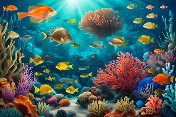 coral reef with fish and coral4k HD quality photo.