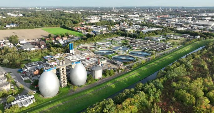 Aerial drone view of The Dortmund Deusen sewage treatment plant is the first sewage treatment plant on the Emscher to be built as part of the project to convert the Emscher system
