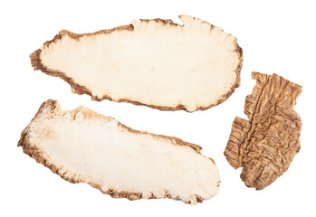 Dried slices with dahurian angelica roots on transparent background.