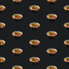 Delicious Tom Yum soup food seamless photo pattern on a solid color background