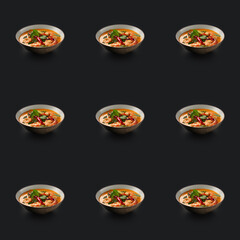 Delicious Tom Yum soup food seamless photo pattern on a solid color background