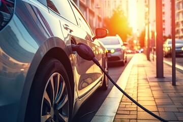 Electric car being recharged on a service station