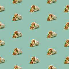 Delicious shawarma gyros doner food seamless photo pattern on a solid color background