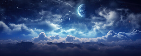 Moon in starry night over clouds 