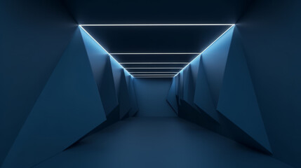 Pasillo azul con formas geométricas estilo minimalista con iluminación led. Fondo de estancia interior.