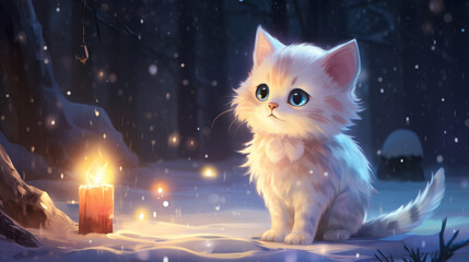 Gato blanco adorable en la nieve en navidad con luces difuminadas.  - obrazy, fototapety, plakaty