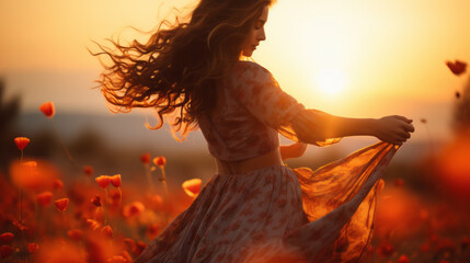 Mujer joven bailando en el campo de flores al atardecer.
