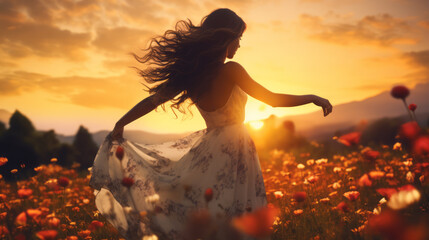 Mujer joven bailando en el campo de flores al atardecer.