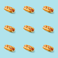 Delicious hotdog food seamless photo pattern on a solid color background