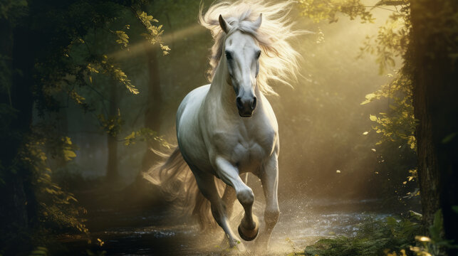 Caballo blanco galopando en el bosque encantado al atardecer con rayos de sol.