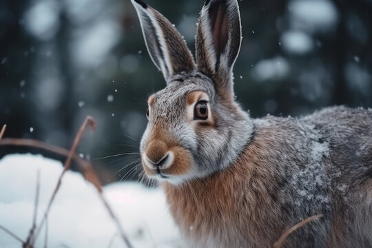 Conejo adorable mirando a cámara en invierno en el campo nevado. Copos de nieve en la naturaleza.