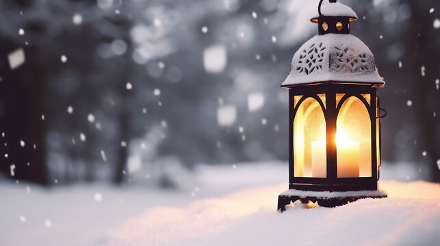 Farolillo iluminado con una vela encendida en medio de la nieve. Bosque nevado en invierno con luz de un farol cubierto por la nieve.