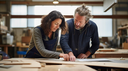 Portrait of man and woman carpenters working together in wood work workshop - obrazy, fototapety, plakaty