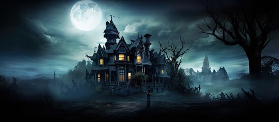 Spooky haunted house on Halloween With copyspace for text - obrazy, fototapety, plakaty