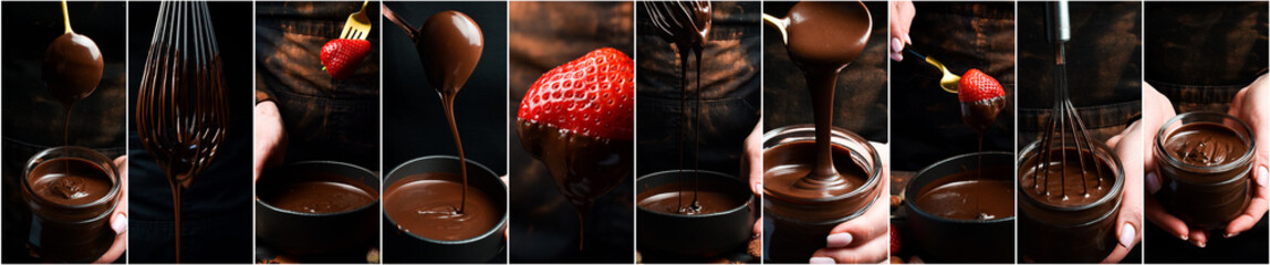 Chocolate background. Chocolate making process. Hot chocolate. Photo collage. - obrazy, fototapety, plakaty