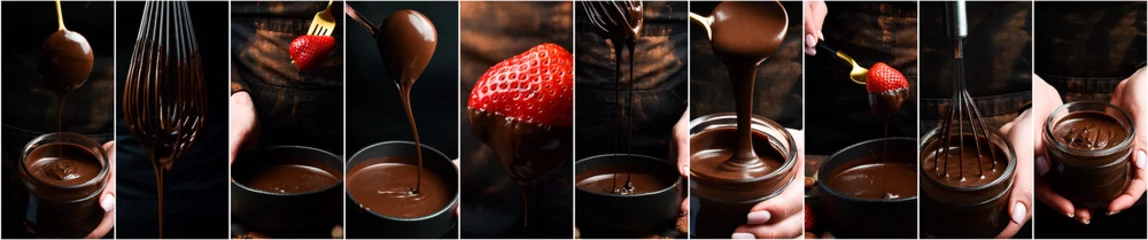 Fototapeten Chocolate background. Chocolate making process. Hot chocolate. Photo collage. © Yaruniv-Studio