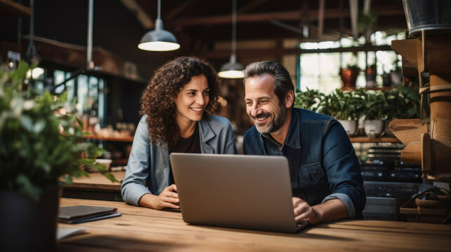 Portrait of Couple of woodworkers or carpenters discussing project on laptop at workshop