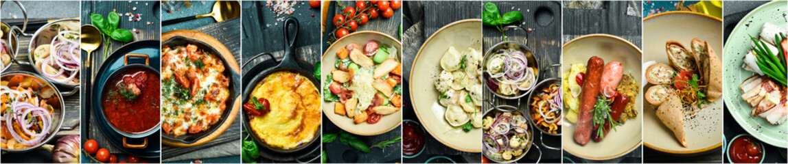 Collage of food in the dishes. Hot meals and cold snacks. - obrazy, fototapety, plakaty