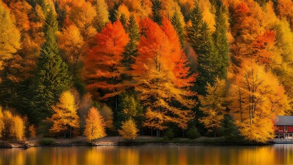 Obraz premium Autumn and a cabin by the river