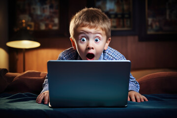 Shocked and surprised boy on the internet looking into computer