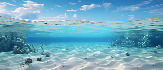 Fototapeta na wymiar plaine de sable sous-marine et ciel bleu. l'eau coupe l'image en deux parties