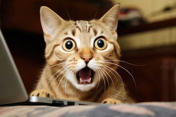 Shocked and surprised cat on the internet looking into computer
