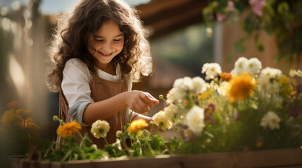 Smiling little girl take care and plant flowers in the garden or a farm - obrazy, fototapety, plakaty