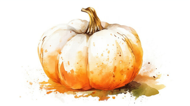 Watercolor painting of a pumpkin in white color tone.