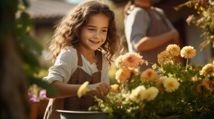 Fototapeta na wymiar Smiling little girl take care and plant flowers in the garden or a farm