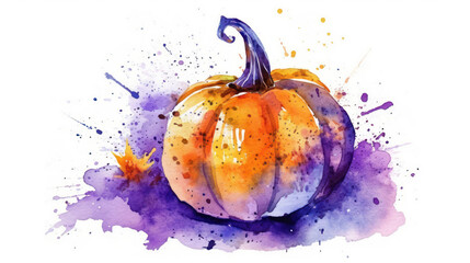 Watercolor painting of a pumpkin in violet color tone.