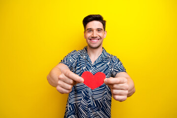 Portrait of toothy beaming guy with trendy hairstyle wear print shirt showing you small paper heart...