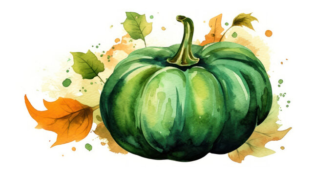 Watercolor painting of a pumpkin in dark green color tone.
