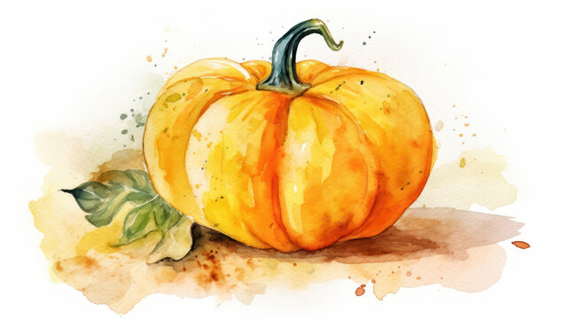 Watercolor painting of a pumpkin in light yellow color tone.