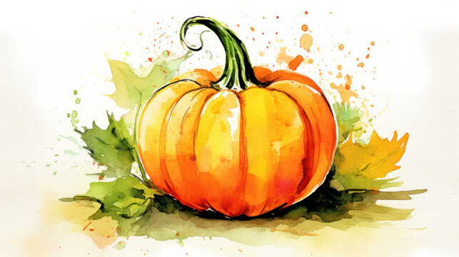 Watercolor painting of a pumpkin in vivid orange color tone.