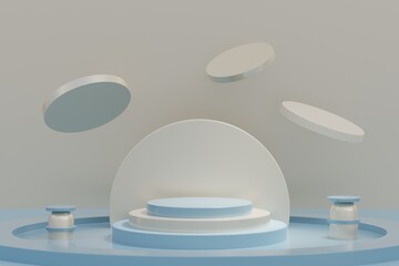 Exhibition Podium, stand, on pastel light аrchitectural background for premium product, 3D render. 