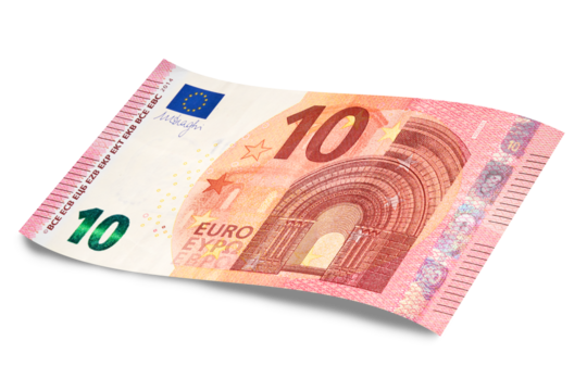 European Union's Euro cash banknote, with a face value of ten euros isolated on white with shadow. 10 euro