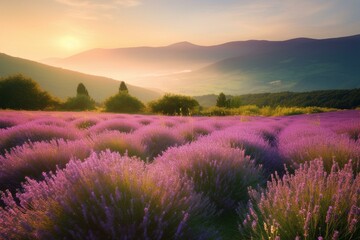 Breathtaking morning view above blooming lavender meadow. Generative AI
