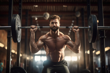Sporty man lifting barbell in gym