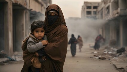 Mother and child fleeing from the war, woman wearing burqa carrying a child - obrazy, fototapety, plakaty