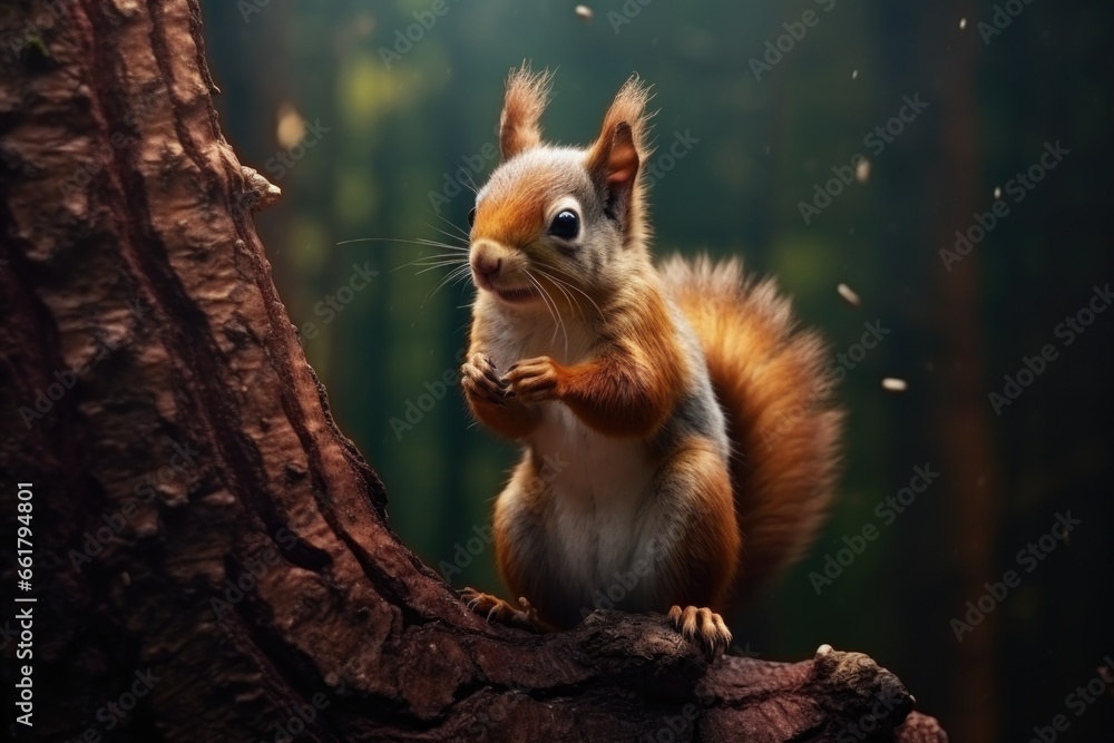 Poster a squirrel perched on a tree branch. perfect for nature and wildlife enthusiasts.