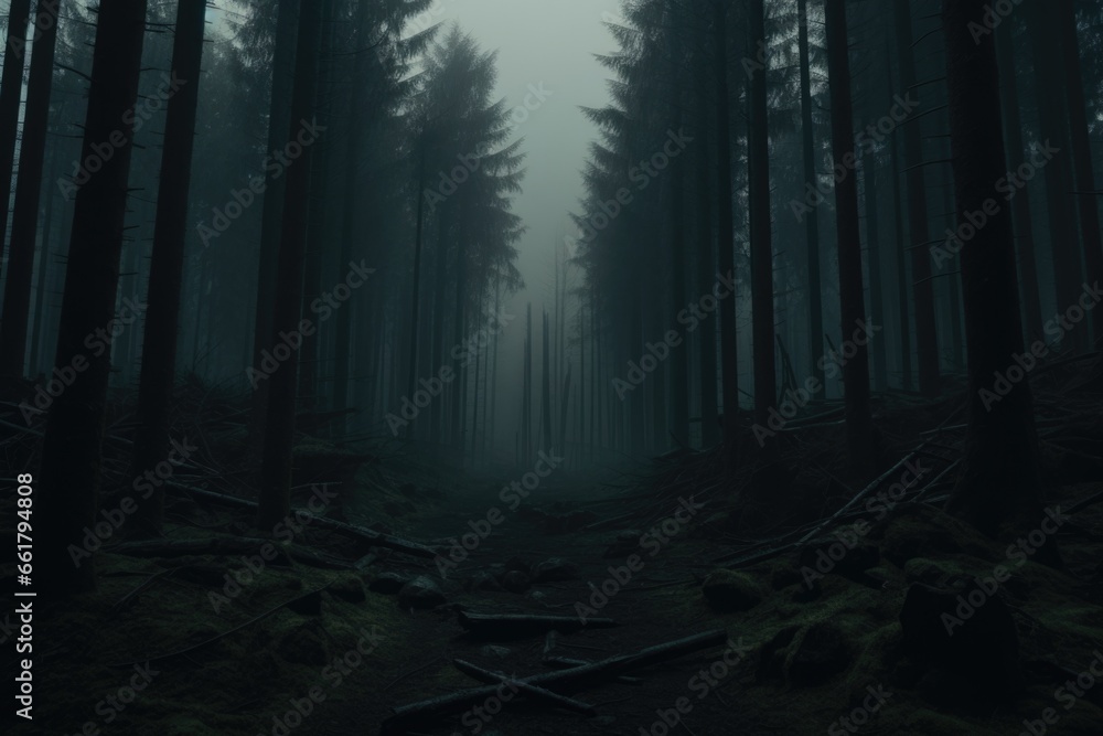 Poster A captivating image of a dark forest filled with an abundance of towering trees. This picture can be used to create a mysterious atmosphere or portray the beauty of nature.