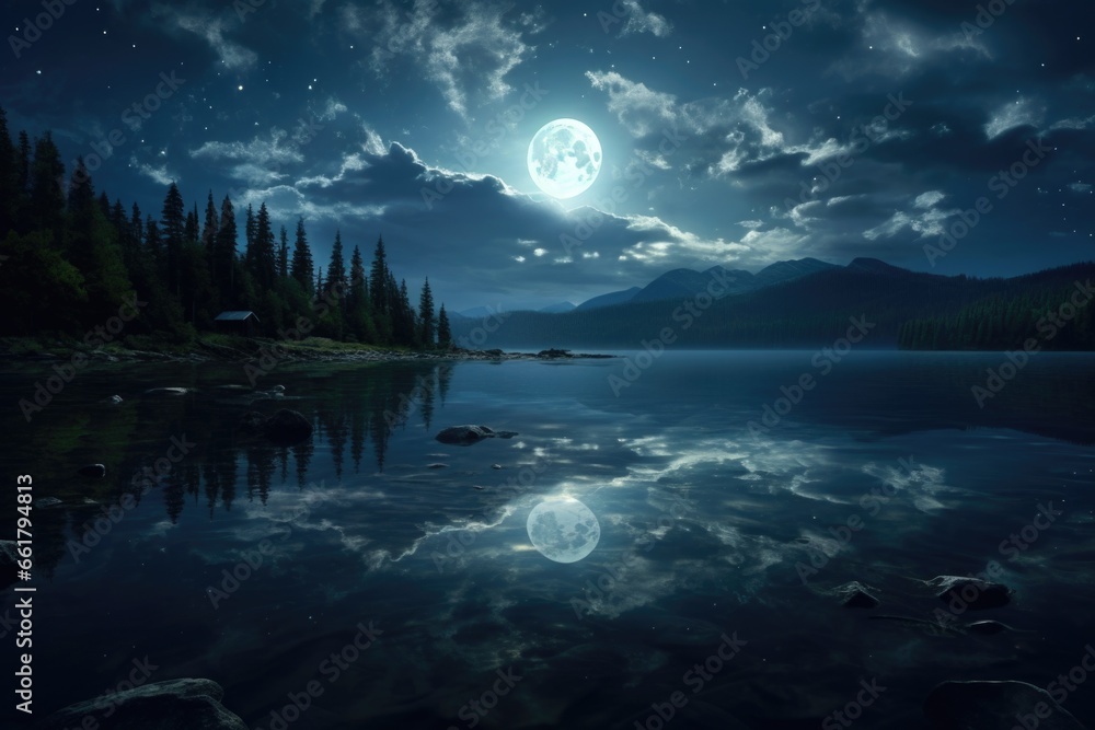 Poster a picture of a serene lake with a full moon shining brightly in the night sky. perfect for creating 