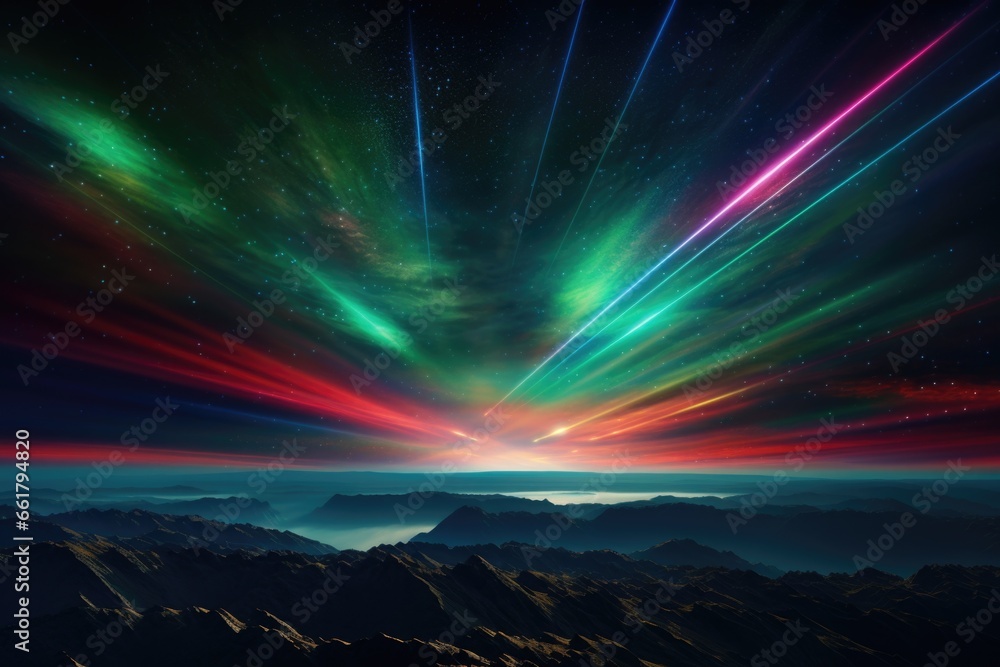 Poster a breathtaking view of a mountain range illuminated by vibrant aurora lights.