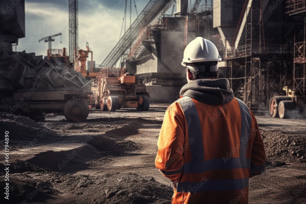 Poster a construction worker standing in front of a construction site.