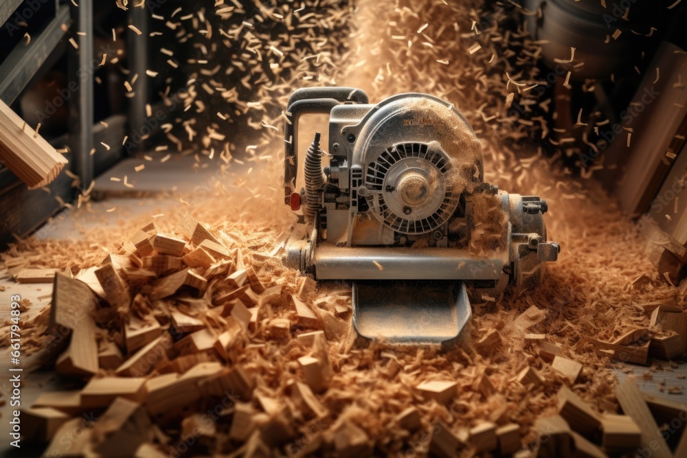 Poster a machine sitting on top of a pile of wood. this image can be used to depict industrial equipment or
