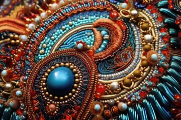 A detailed close-up of a beaded piece of art. This versatile image can be used in various creative projects.