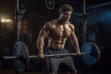 Sporty man lifting barbell in gym